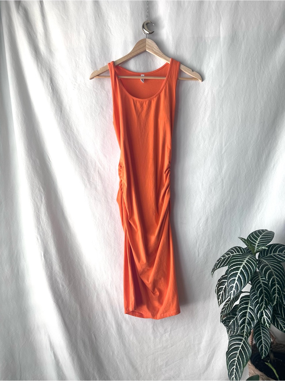 Sleeveless Orange Midi Dress with Side Ruching